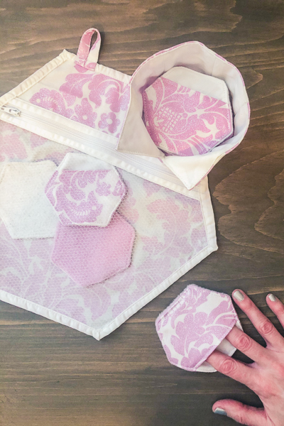 Unique hexagon shaped scrap buster.  Make-up remover pads, storage basket and mesh laundry bag.