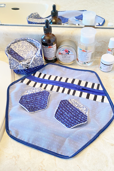 Make-up remover pads, storage and fabric/mesh laundry bag in serene blues.