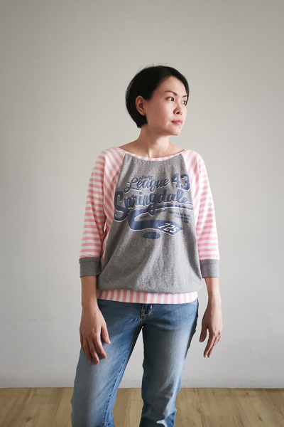 A raglan sweater with batwing sleeves. Upcycling old t-shirts with PDF pattern for junior miss sizes 0-20 by Sofiona Designs.