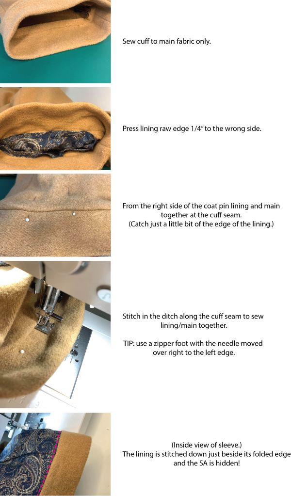 Hiding the cuff seam on the LImestone lined coat version.