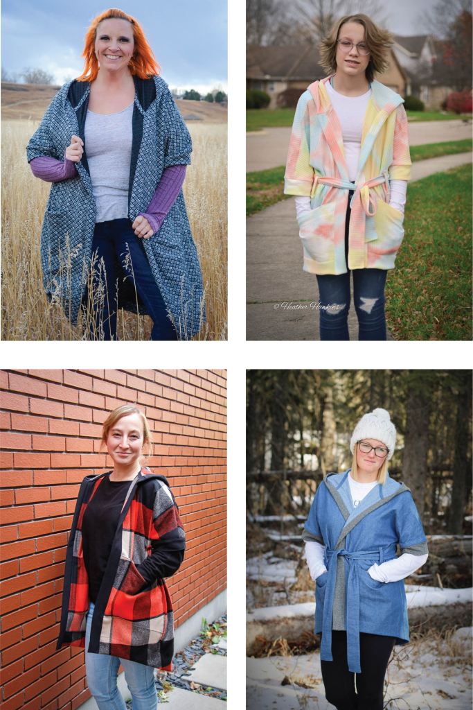 Un lined coat or cardigan with large hood and tie front. Includes optional front pockets.