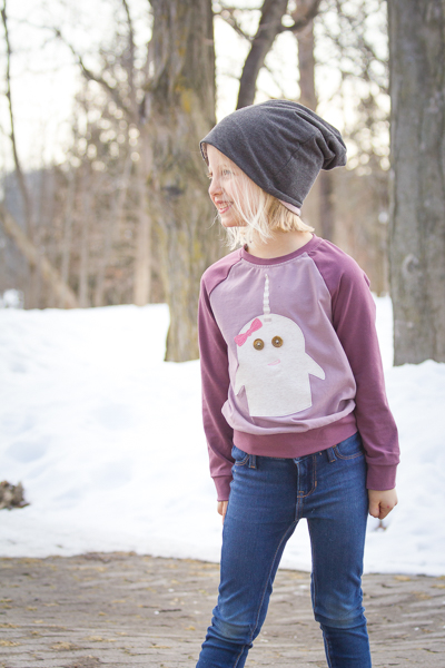 A raglan sweater with full length sleeves and Narwhal cut file from Sofiona Designs PDF patterns for girls, tweens, teens, and women.