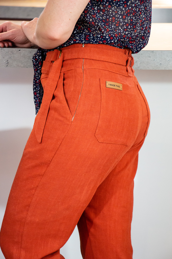 Woven pant with high waist and side zip made in viscose linen.  PDF sewing pattern from Sofiona Designs.