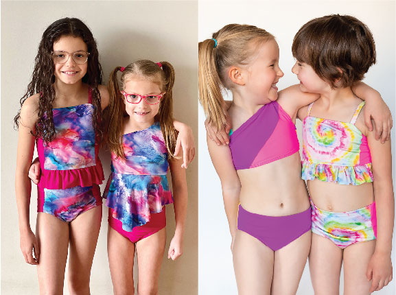 Two new swimsuits with one or two piece options and lots of colour block choices.