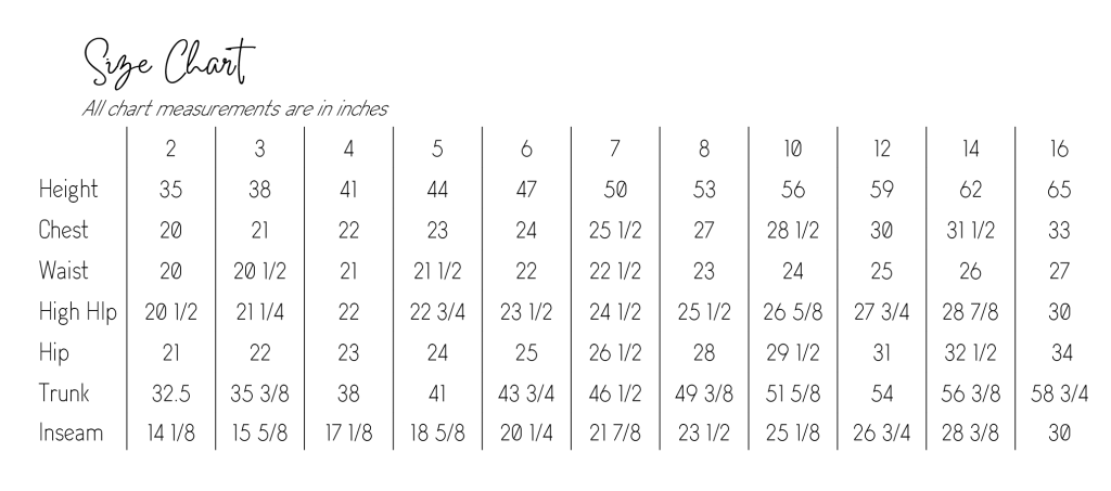 Size chart for girls' sizes 2-16 from Sofiona Designs.