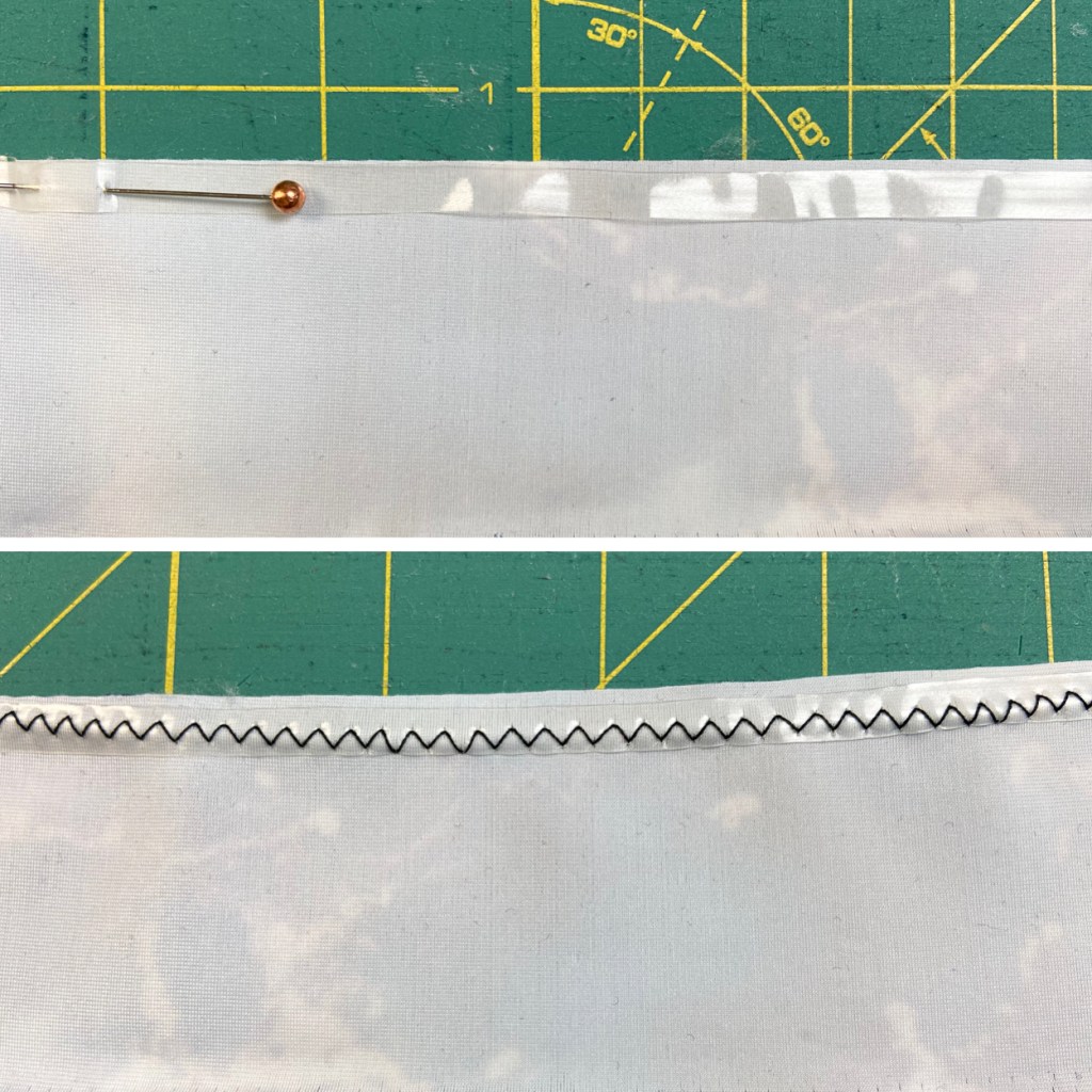 Attaching stay elastic before adding ruffle to a swimsuit.