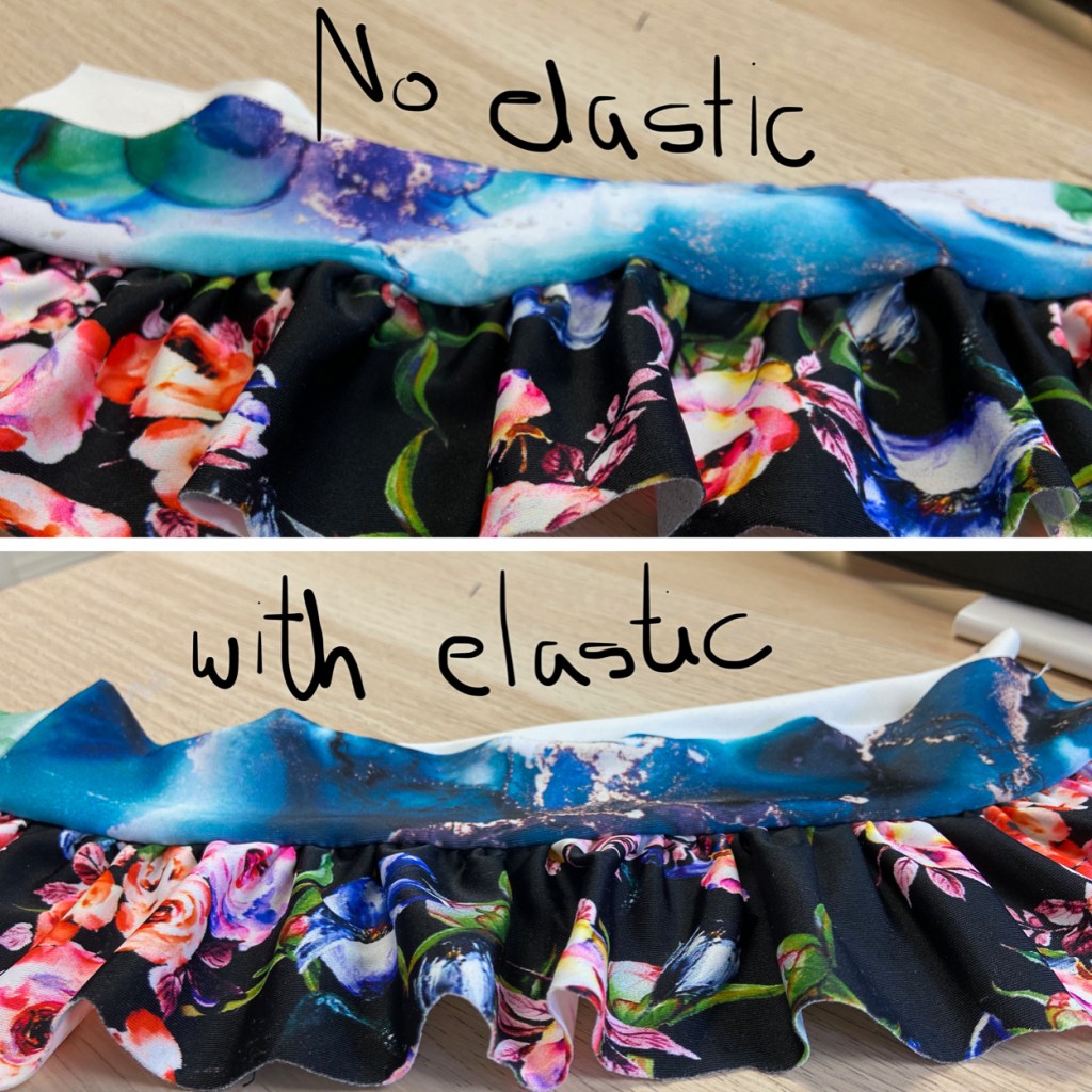 Example of ruffle on swimsuit with and without stay elastic.