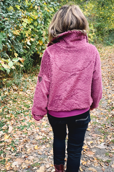 Back of the Miss Clover sweater in sherpa fleece.