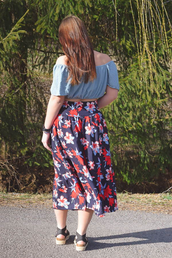 The midi length of the Miss Fern tiered skirt by Sofiona Designs.