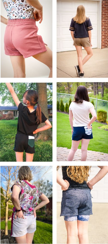 Optional back pockets on a quick summer shorts sewing pattern.
