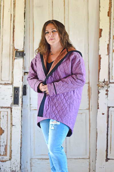 Fall jacket made from an upcycled quilt.