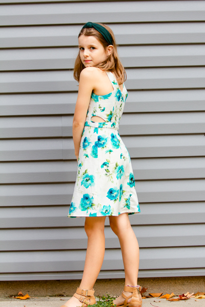 Knee length Forest dress with optional side openings by Sofiona Designs.