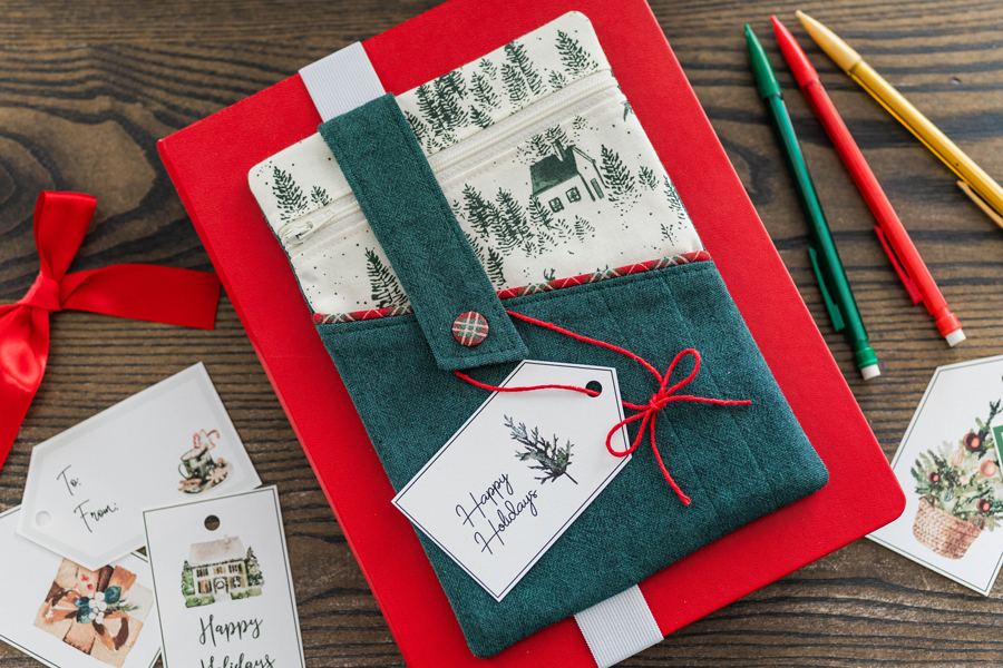 The River pencil pouch for journaling fun with printable Christmas gift tags.