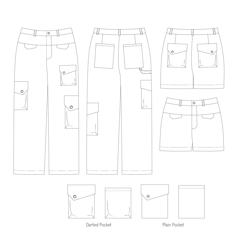 Line drawings for the Miss Nickel cargo pants by Sofiona Designs in sizes 0-34.